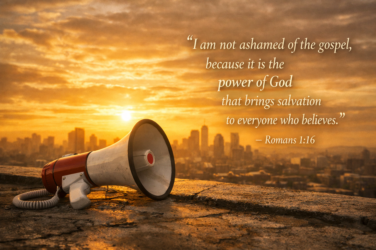 Bible verse wallpaper Romans 1:16 with megaphone on rooftop at sunrise with city skyline and golden sky